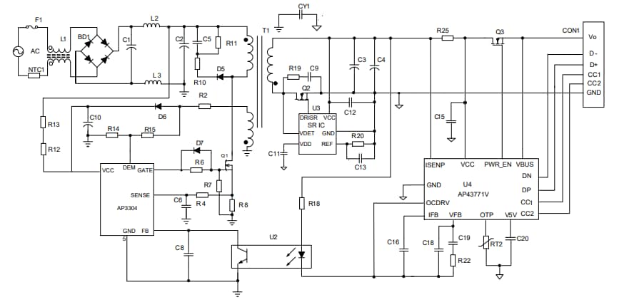 Applikations-Schaltungsdiagramm - Diodes Incorporated AP3304A Multimodus-PWM-Controller
